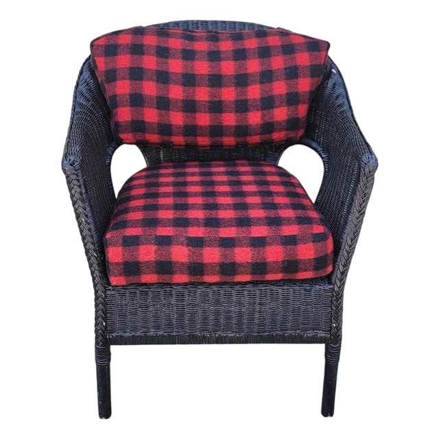 Black Wicker Chair W/ Buck Plaid Seat Cushions For Sale