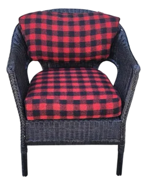 Black Wicker Chair W/ Buck Plaid Seat Cushions