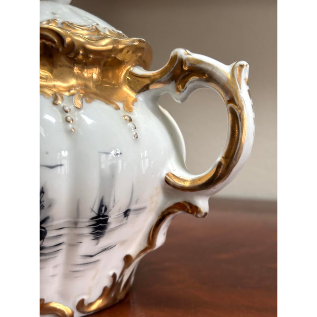 19th Century Rare Antique Ornate French Porcelain Nautical 5” Mellon Shaped Teapot With Heavy Gold Gilt For Sale - Image 5 of 12