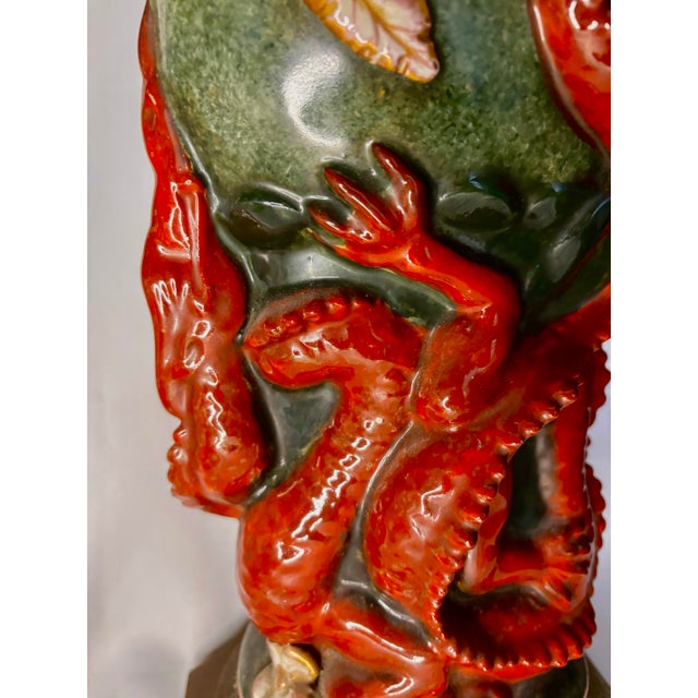 Sculptural Ceramic Dragon Table Lamp With Applied Flowers and Pierced Metal Base For Sale - Image 9 of 9