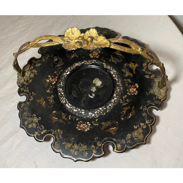 Antique 1800's Inlaid Mother of Pearl Bronze Paper Mache French Centerpiece Dish For Sale In New York - Image 6 of 13