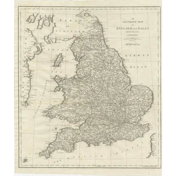 Antique map titled 'An Accurate Map of England and Wales'. Original old map of England and Wales. Engraved by John Cary....
