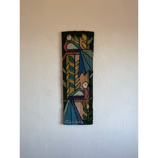 Brazilian Modern wall art tapestry of two colorful birds on branches by Eila Ampula, Brazil 2002.