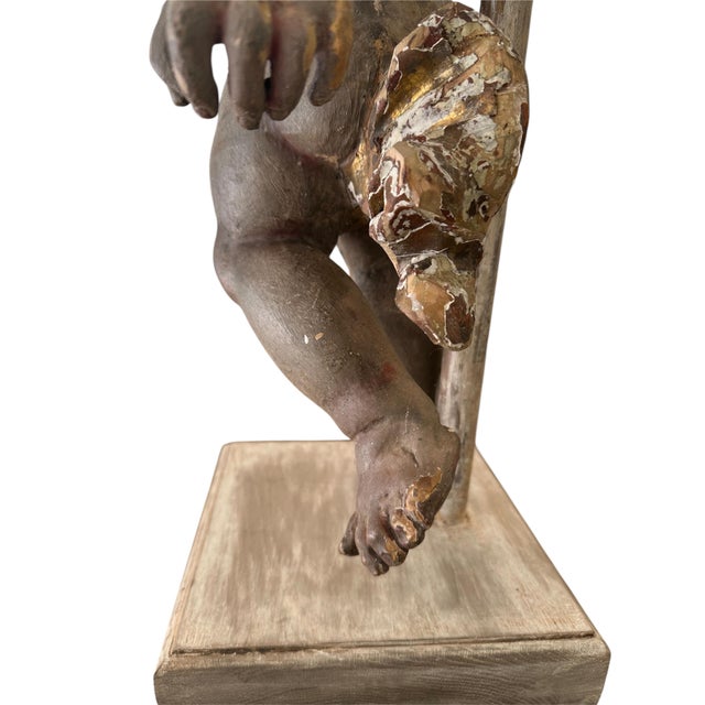 18th Century Large Bavarian Baroque Polychrome and Parcel-Gilt Carved Wood Putto.. For Sale - Image 9 of 12