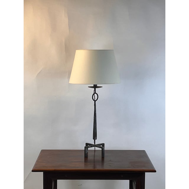 Mid 20th Century Tall Patinated Wrought Iron Table Lamp With Custom Parchment Shade For Sale - Image 4 of 9