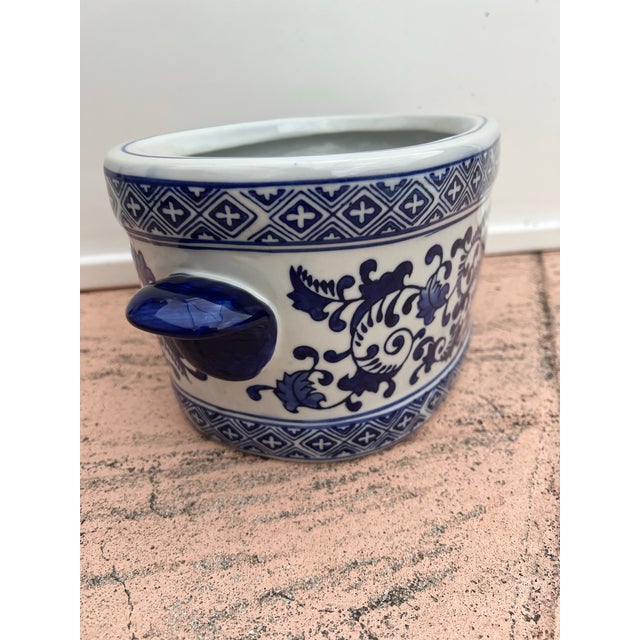 Modern Vintage Blue & White Basin Foot Bath Style Floral Oval Planter For Sale - Image 3 of 7