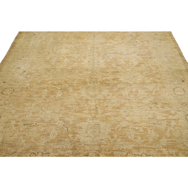 Modern Tan Modern Tabriz Style Handmade Floral Wool Rug For Sale - Image 3 of 13