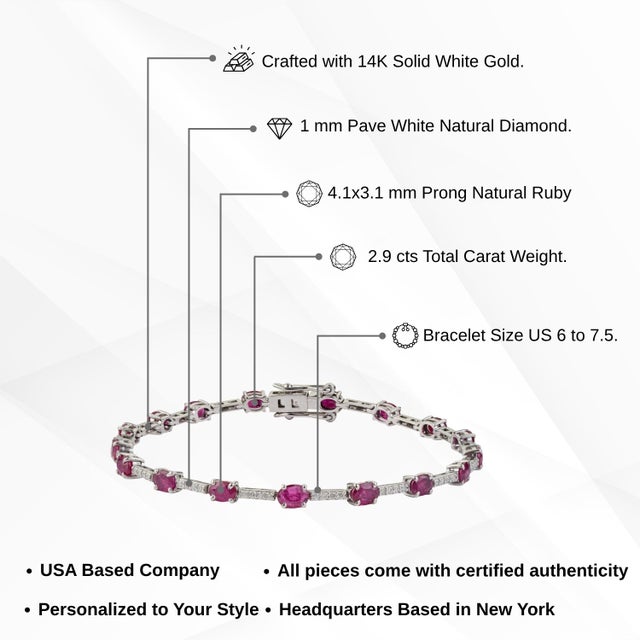 VRJewels 2.9ct Red Ruby & Diamond Tennis Bracelet in 14k White Gold For Sale - Image 12 of 16