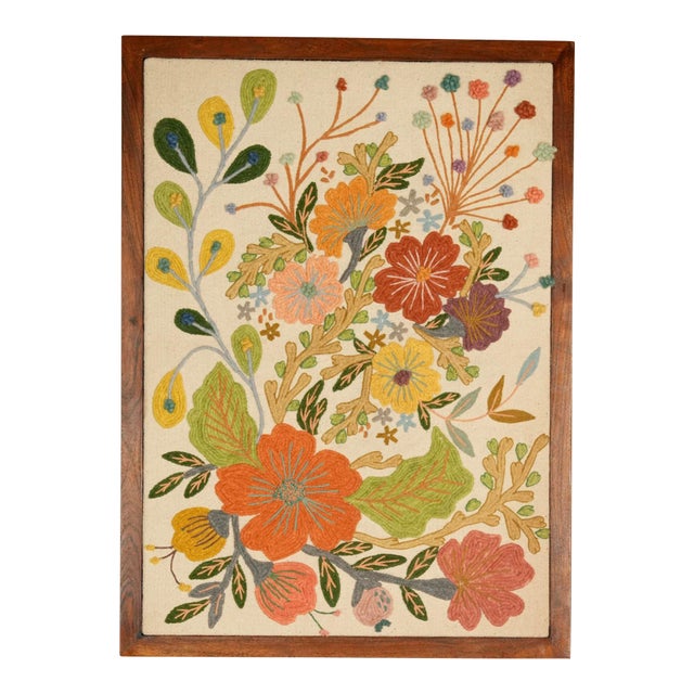 White Floral Embroidered Wall Frame – Acacia Wood (70 X 100 Cm) For Sale