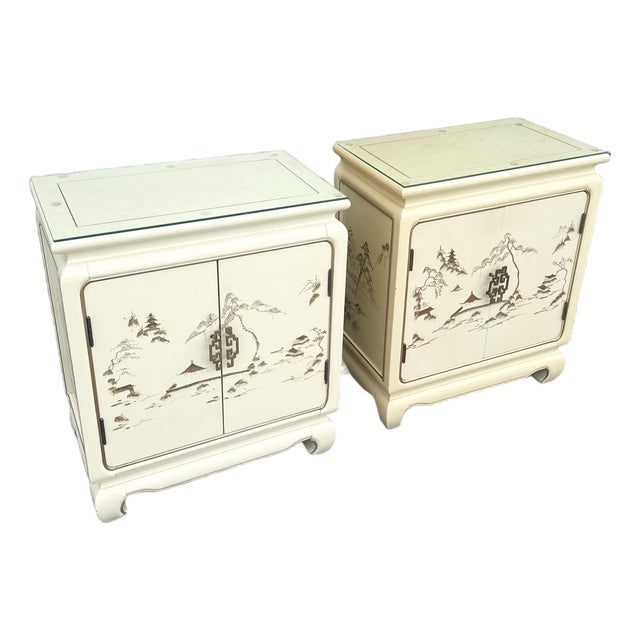 Vintage Chinese Hand Painted Cream and Gold Glass Top Nightstands/Cabinets - A Pair For Sale