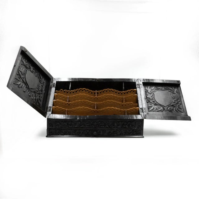 Ebony Mid 19th Century Anglo-Indian Carved Solid Ebony Stationery Box For Sale - Image 8 of 11
