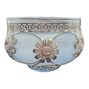Antique Lefkara Filigree Silver Overlay Blue Glass Candy Dish
