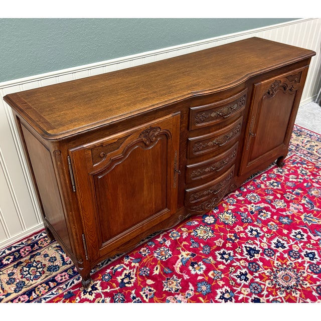 Antique French Louis XV Bow Front Buffet Sideboard Server Carved Oak C. 1930s For Sale - Image 14 of 18