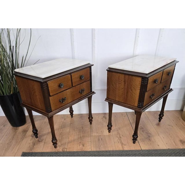 Mid-Century Italian Art Deco Style Wood Bedside Tables with Marble Tops, 1950s, Set of 2 For Sale - Image 6 of 11
