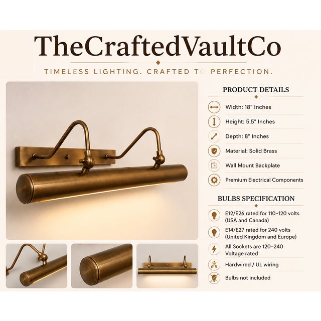 Metal Handcrafted Solid Brass Picture Light, Antique Brass Double-Arm Adjustable Picture Light For Sale - Image 7 of 9