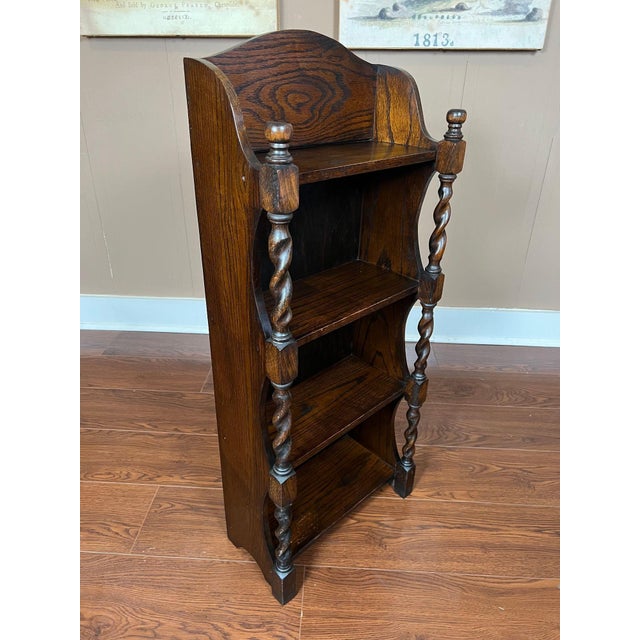 Brown Petite Antique English Bookcase Bookshelf Barley Twist Tiger Oak Display C1920 For Sale - Image 8 of 18