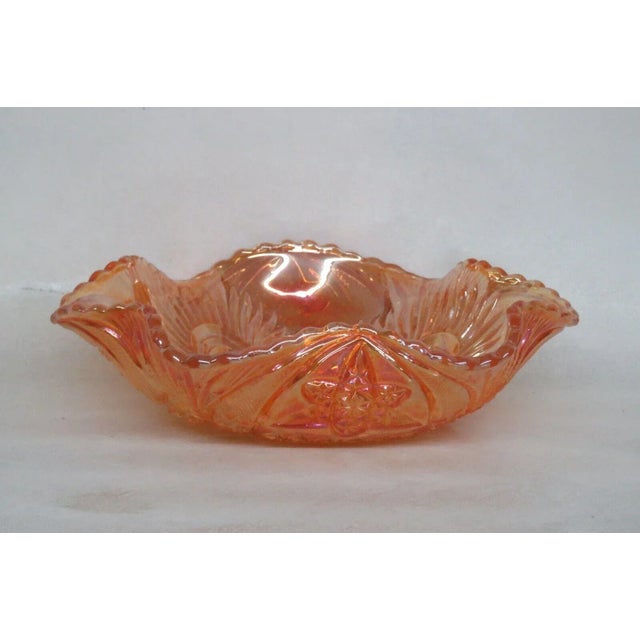 Mid-Century Modern Brockwitz Marigold Carnival Glass Curved Star and Headdress Ruffled Bowl For Sale - Image 3 of 13