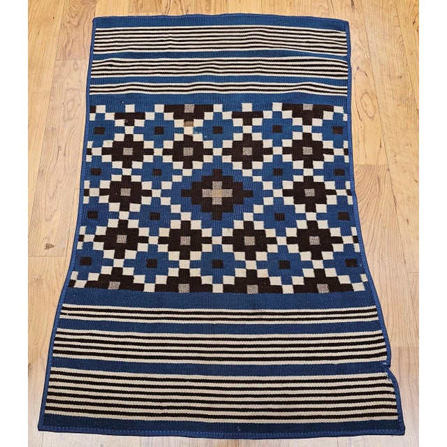 Early 20th Century Antique Mexican Saltillo Serape Flat-Woven Kilim Blanket With Royal Blue, Ivory, Brown For Sale - Image 5 of 12