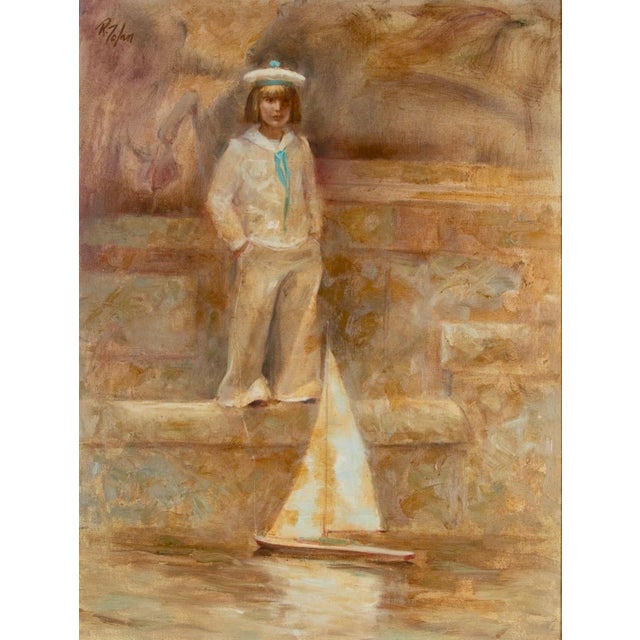 Richard Judson Zolan, Large American Impressionist Painting Sailor Girl with Toy Boat Richard Zolan For Sale - Image 10 of 16