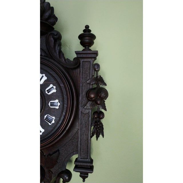 1840-1860 Grand French Carved Wooden Clock Cartel and Enameled Cartridges For Sale - Image 6 of 10