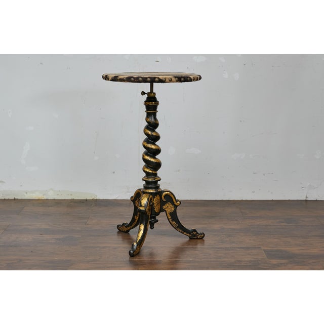 19th Century English Ebonized Barley Twist Pedestal Table with Zebra Hide and Gilt Detailing For Sale - Image 5 of 12