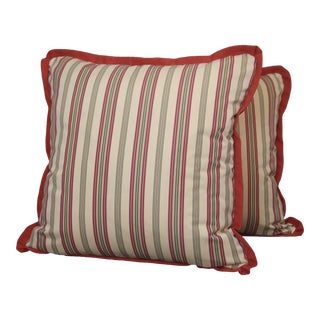 Scalamandre Throw Pillow Covers in Cotton Stripe Fabric With Grey Watkins Trim- a Pair For Sale