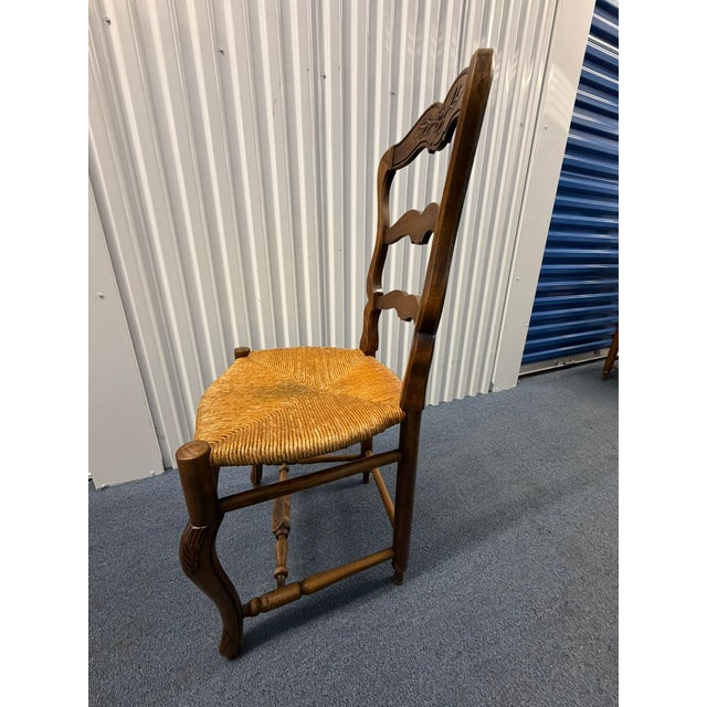 Wood Vintage Carved Ladder‑Back Rush Seat Chairs – Set of 6 For Sale - Image 7 of 12