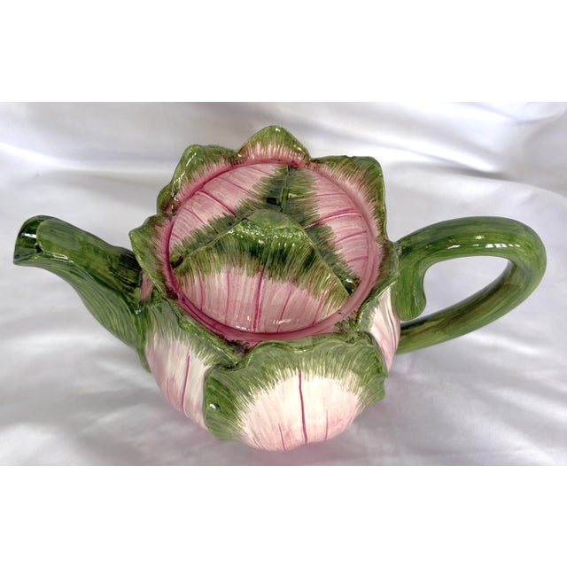 Vintage Majolica Cabbage Ceramic Tea Pot With Lid Made in Italy For Sale - Image 4 of 17