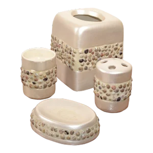 4 Piece Set Boho Chic India Ink Beige Ceramic Nautical Seashell Bathroom Accessories