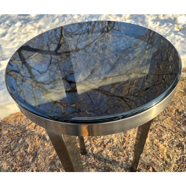 Contemporary Art Deco Enzo Style Table Steel With Black Glass Top Stepped Legs For Sale - Image 3 of 6