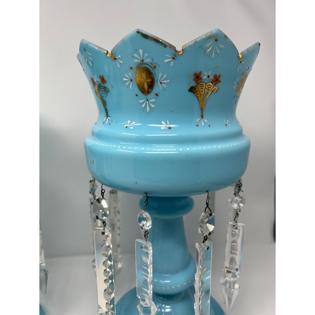Late 19th Century Late 19th Century Victorian Blue Opaline Glass Mantle Lusters With Cut Prisms, Pair, 14” For Sale - Image 5 of 10