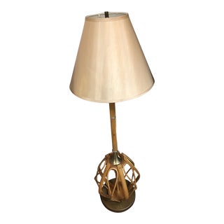 1960's Mid-Century Modern Rattan and Brass Floor Lamp With Shade For Sale
