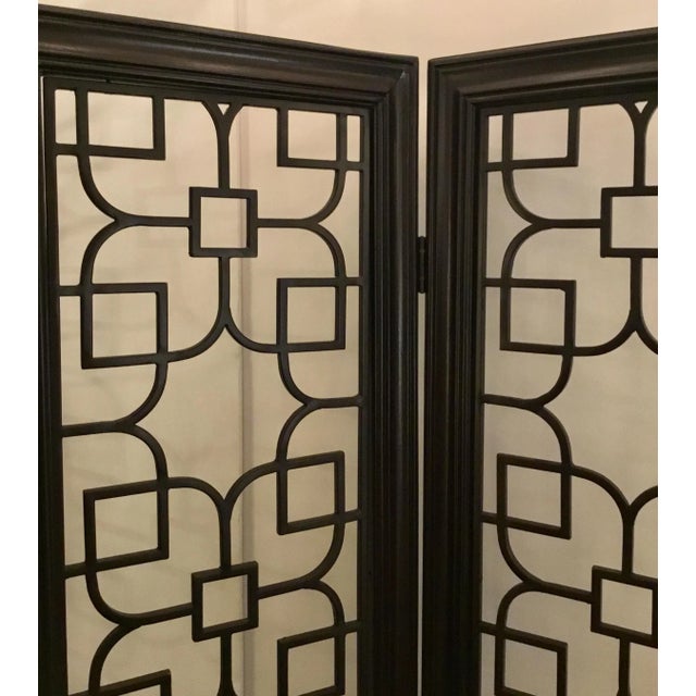Stylish Modern Fret Work Ebony Finished Wood Room Divider, metal fret work, showroom floor sample