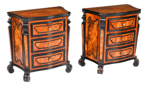 Antique Italian Burr Walnut Serpentine Bedside Chests, 1700s, Set of 2