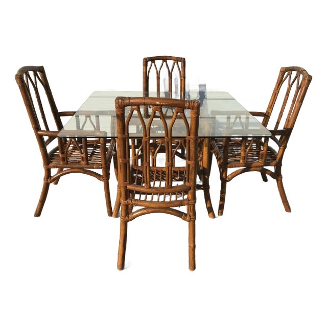 Rattan Faux Bamboo Dining Set 6pc Hollywood Regency Chippendale Wicker For Sale