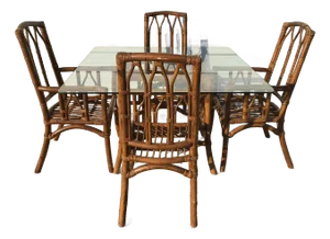 Rattan Faux Bamboo Dining Set 6pc Hollywood Regency Chippendale Wicker