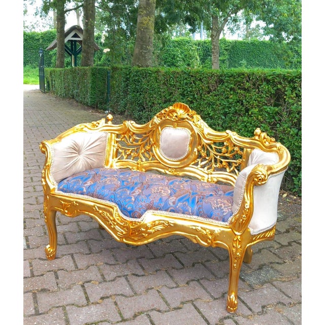 Tan 1980s French Louis XVI Settee in Gilded Beech, Blue Damask & Tan Velvet For Sale - Image 8 of 12