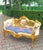Tan 1980s French Louis XVI Settee in Gilded Beech, Blue Damask & Tan Velvet For Sale - Image 8 of 12