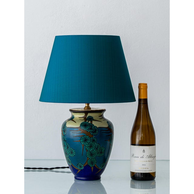 Blue Antique Art Deco Pottery Table Lamp with Japanese Florals and with New Dupion Silk Shade from PZH Gouda, 1920s For Sale - Image 8 of 17