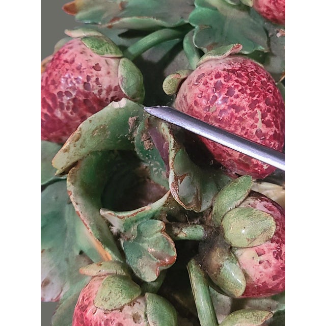 Vintage Pair Italian Majolica Hand Painted Fruit George Jones Style Strawberry Candle Holders For Sale - Image 9 of 14