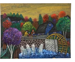 Mid 20th Century "The Water Wheel" Expressionist Style Landscape Oil Painting by Bea Haverbusch