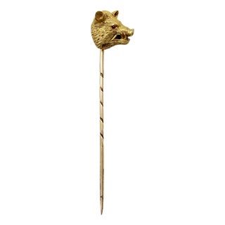 Late 19th Century Victorian 14k Gold Wild Boar Stick Pin With Ruby Eyes For Sale