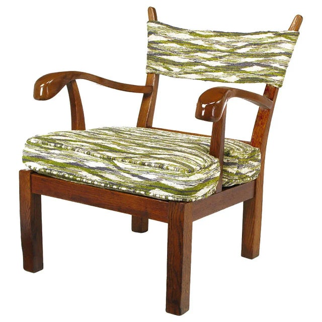 Studio Carved Oak Armchair in Liebes Style Fabric For Sale - Image 11 of 11