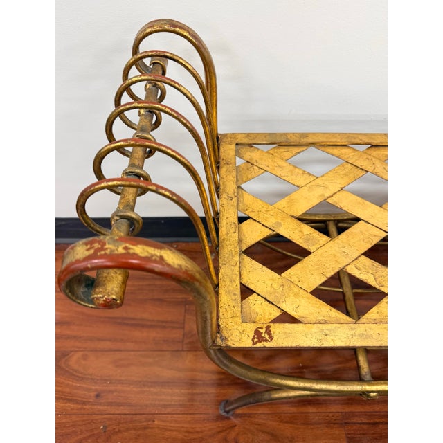 Metal Vintage Gold Gilt Metal Bench With Scrollwork Arms For Sale - Image 7 of 7