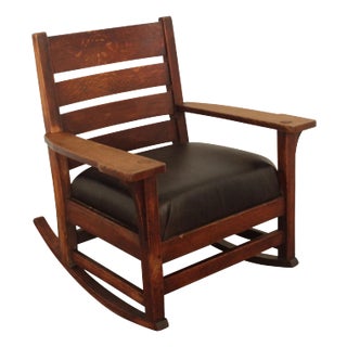 L & JG Stickley Antique Mission Oak and Leather Rocker For Sale