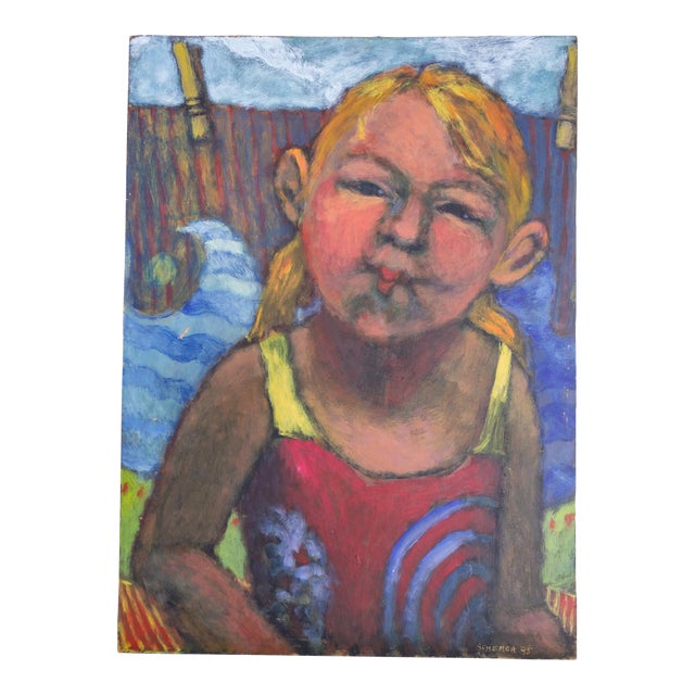 Bright Fauvist Style Portrait Painting of Girl in Swimsuit by Amy Scherer For Sale