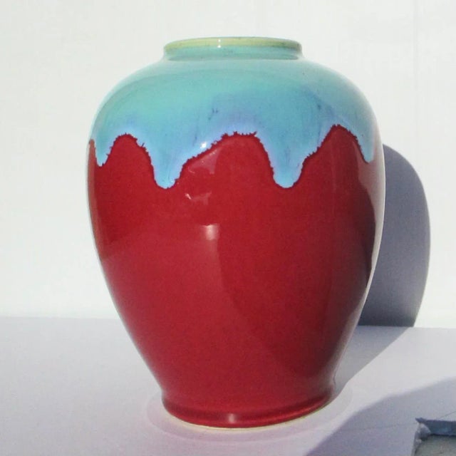Mid-Century Modern Ceramic Red and Blue Designer Vase For Sale - Image 3 of 6
