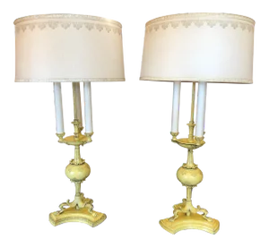 Hollywood Regency Yellow Tole Lamps With Custom Shades