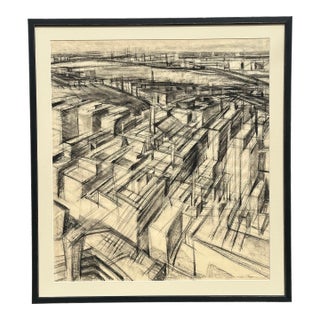 1980s Abstract Architectural Cityscape Charcoal Drawing on Paper For Sale