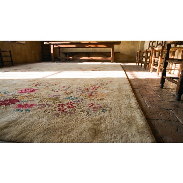 1920s Tan Khaki Floral Antique Chinese Art Deco Rug 10'0" X 13'4" Knotted Wool Carpet For Sale In New York - Image 6 of 8